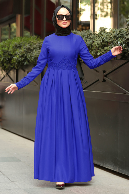 Nayla Collection - Dantel Detaylı Sax Mavisi Tesettür Elbise 42370SX
