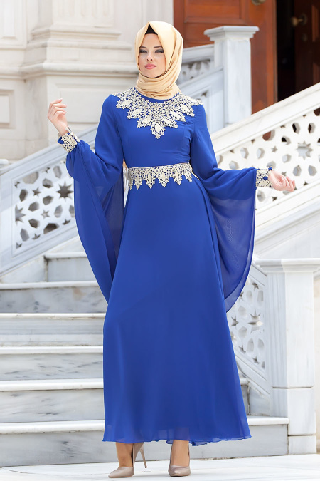 Nayla Collection - Dantel Detaylı Sax Mavi Tesettür Elbise 4173SX