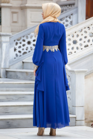 Nayla Collection - Dantel Detaylı Sax Mavi Tesettür Elbise 4173SX - Thumbnail