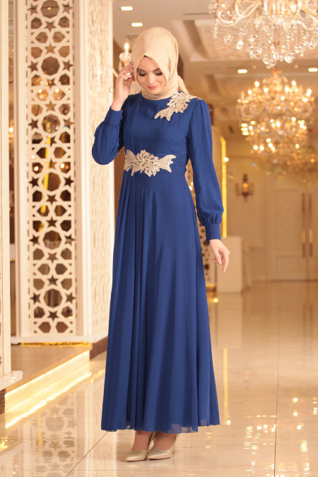 Nayla Collection - Dantel Detaylı Sax Mavi Tesettür Elbise 7009SX