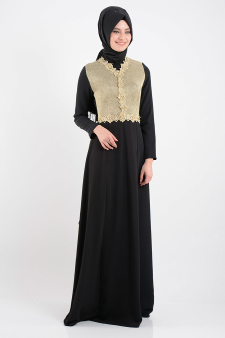 Nayla Collection - Dantel Detaylı Siyah Tesettür Elbise 2302S