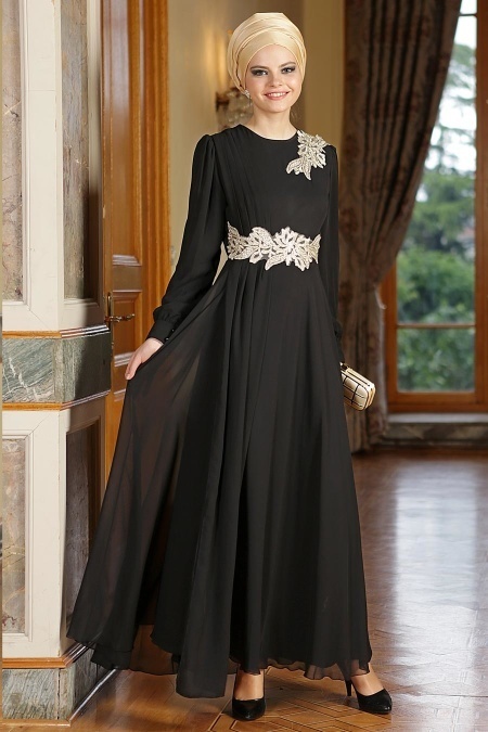 Nayla Collection - Dantel Detaylı Siyah Tesettür Elbise 7009S