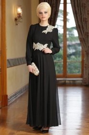 Nayla Collection - Dantel Detaylı Siyah Tesettür Elbise 7009S - Thumbnail