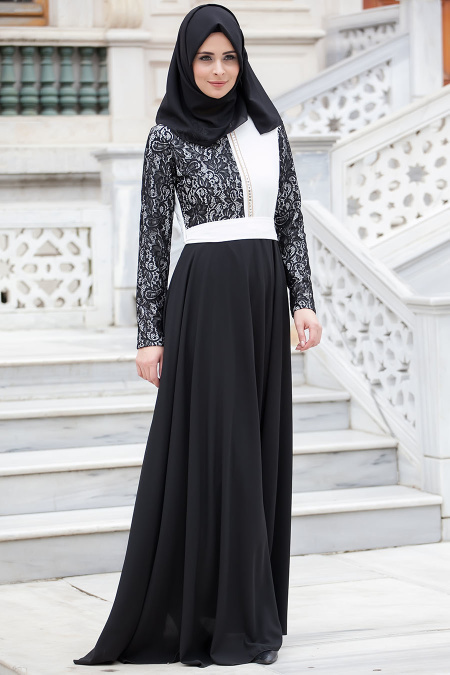 Nayla Collection - Dantel Detaylı Siyah Tesettür Elbise 5293S