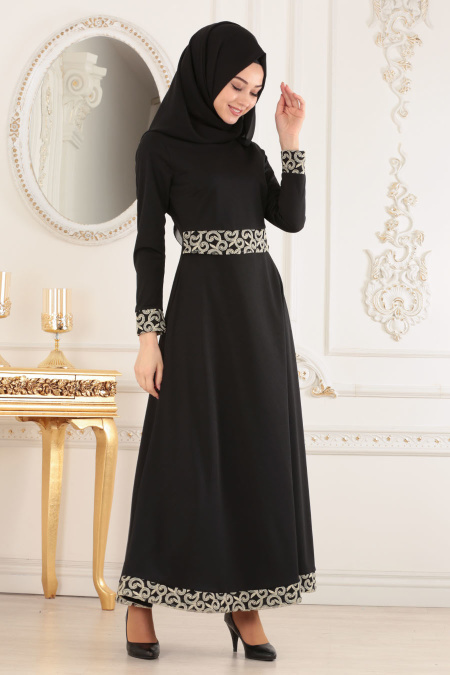 Nayla Collection - Dantel Detaylı Siyah Tesettür Elbise 12006S