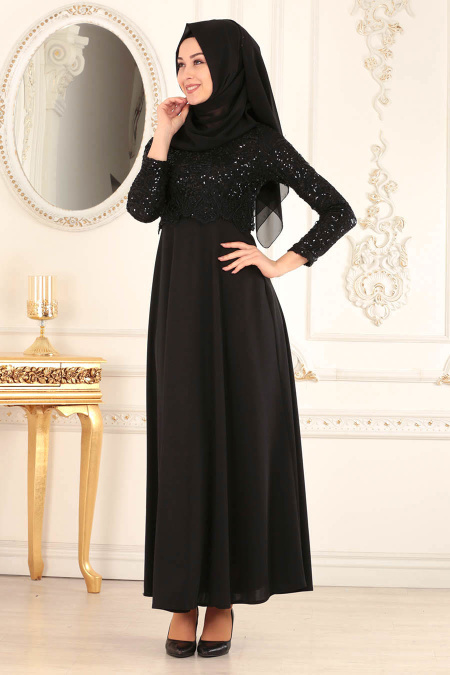 Nayla Collection - Dantel Detaylı Siyah Tesettür Elbise 12012S