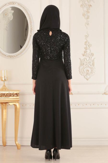 Nayla Collection - Dantel Detaylı Siyah Tesettür Elbise 12012S - 3