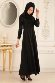 Nayla Collection - Dantel Detaylı Siyah Tesettür Elbise 12012S - Thumbnail