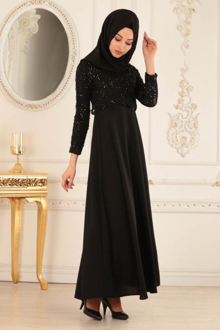 Nayla Collection - Dantel Detaylı Siyah Tesettür Elbise 12012S - 2