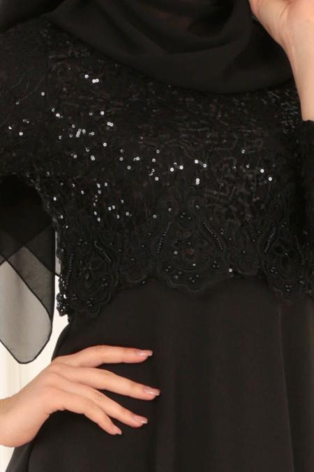 Nayla Collection - Dantel Detaylı Siyah Tesettür Elbise 12012S - 4