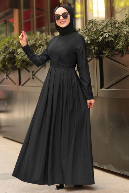 Nayla Collection - Dantel Detaylı Siyah Tesettür Elbise 42370S