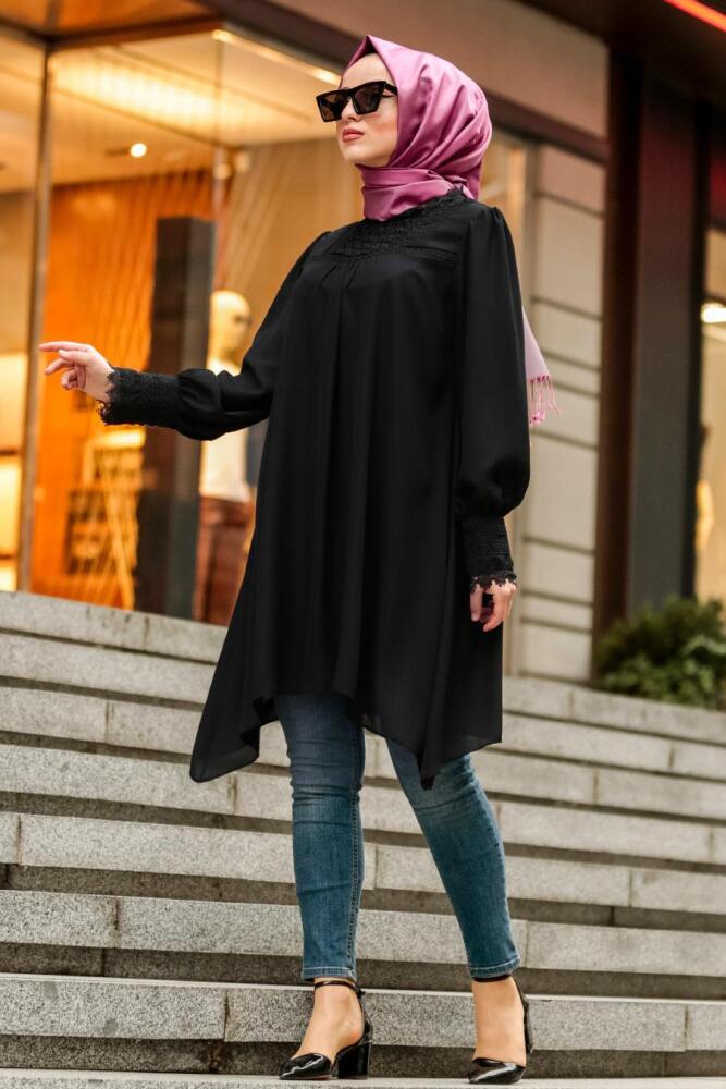 Nayla Collection - Dantel Detaylı Siyah Tesettür Tunik 5000S - 1