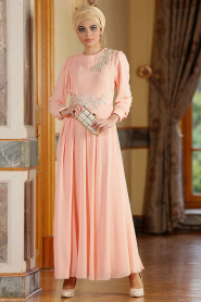 Nayla Collection - Dantel Detaylı Somon Tesettür Elbise 7009SMN - Thumbnail