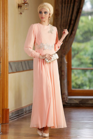 Nayla Collection - Dantel Detaylı Somon Tesettür Elbise 7009SMN - Thumbnail