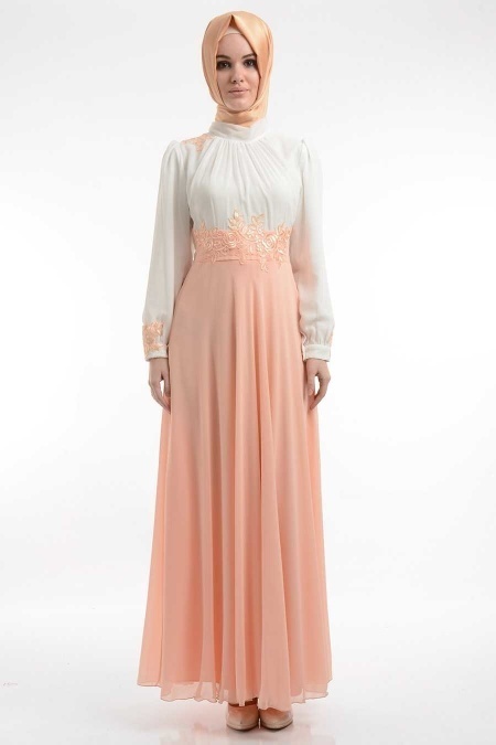 Nayla Collection - Dantel Detaylı Somon Elbise 400SMN