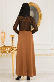 Nayla Collection - Dantel Detaylı Taba Tesettür Elbise 12012TB - Thumbnail