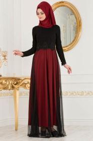Nayla Collection - Dantel Detaylı Tüllü Kırmızı Tesettür Abiye Elbise 38066K - Thumbnail
