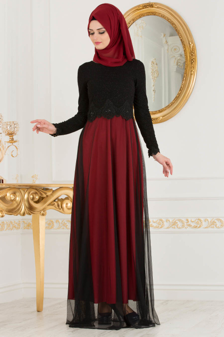 Nayla Collection - Dantel Detaylı Tüllü Kırmızı Tesettür Abiye Elbise 38066K