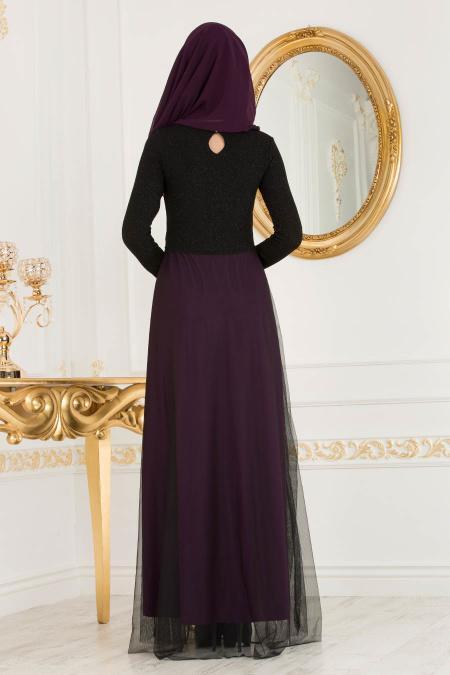 Nayla Collection - Dantel Detaylı Tüllü Mor Tesettür Abiye Elbise 38066MOR - 2