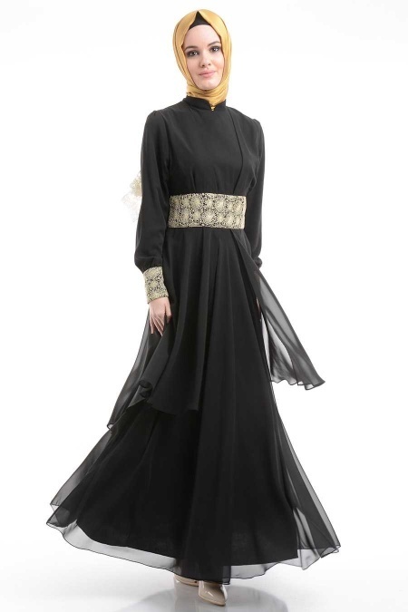 Nayla Collection - Dantel Detaylı Tüllü Siyah Elbise
