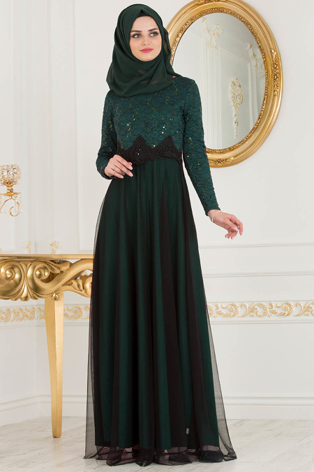Nayla Collection - Dantel Detaylı Tüllü Yeşil Abiye Elbise 38075Y