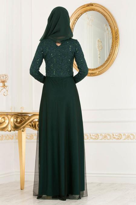 Nayla Collection - Dantel Detaylı Tüllü Yeşil Abiye Elbise 38075Y - 2