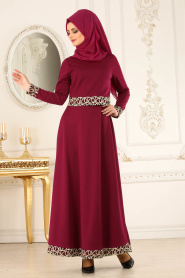 Nayla Collection - Dantel Detaylı Vişne Tesettür Elbise 12006VSN - Thumbnail