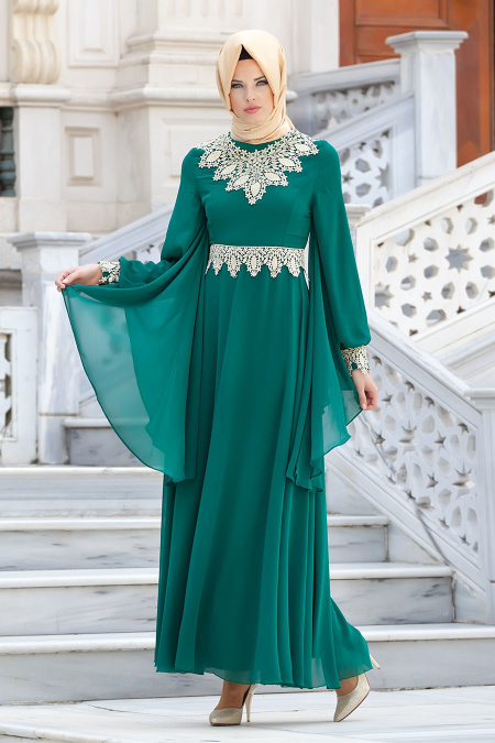 Nayla Collection - Dantel Detaylı Yeşil Tesettür Elbise 4173Y