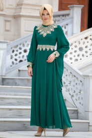Nayla Collection - Dantel Detaylı Yeşil Tesettür Elbise 4173Y - Thumbnail