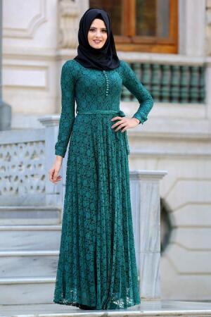 Nayla Collection - Dantel Detaylı Yeşil Tesettür Abiye Elbise 3091Y - 1