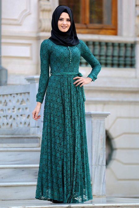 Nayla Collection - Dantel Detaylı Yeşil Tesettür Abiye Elbise 3091Y