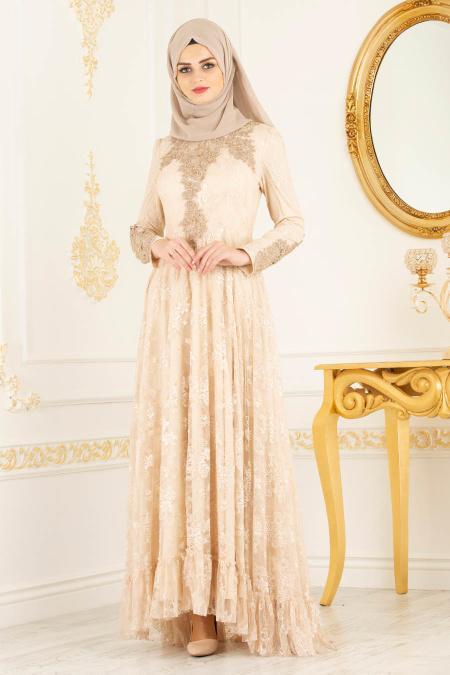 Nayla Collection - Dantelli Bej Tesettür Abiye Elbise 37401BEJ - 2
