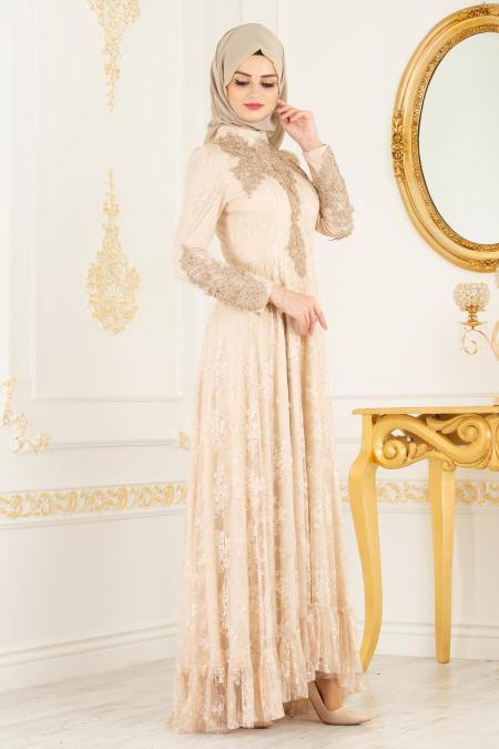 Nayla Collection - Dantelli Bej Tesettür Abiye Elbise 37401BEJ - 3