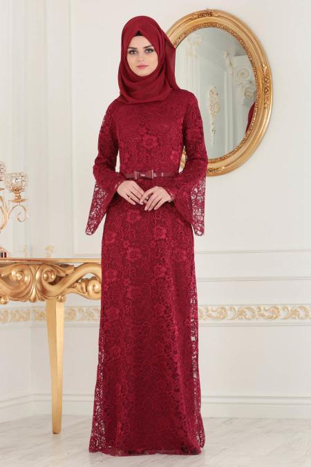 Nayla Collection - Dantelli Bordo Tesettür Abiye Elbise 39063BR - 2