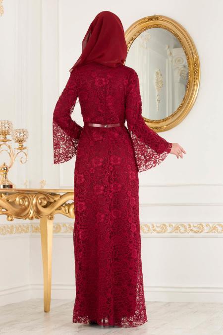 Nayla Collection - Dantelli Bordo Tesettür Abiye Elbise 39063BR - 3