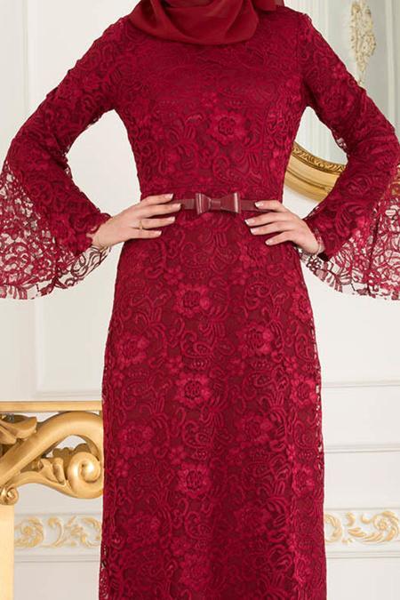 Nayla Collection - Dantelli Bordo Tesettür Abiye Elbise 39063BR - 4