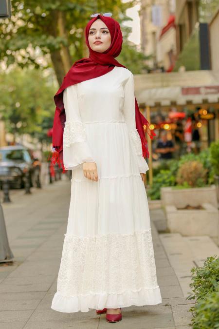 Nayla Collection - Dantelli Ekru Tesettür Elbise 100415E - 2