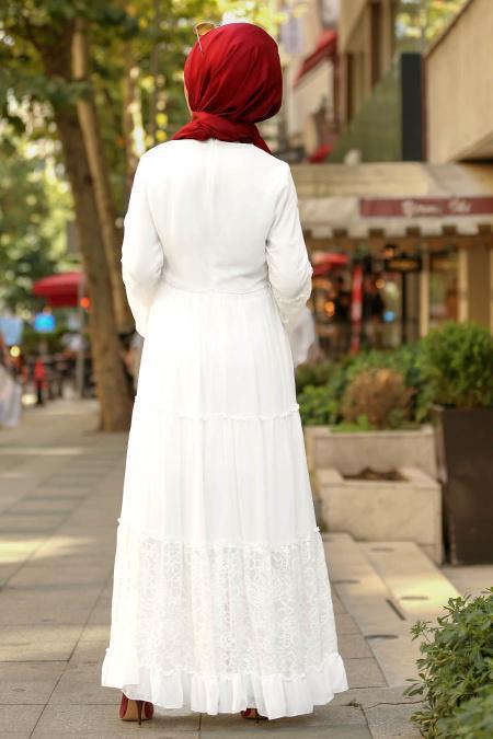 Nayla Collection - Dantelli Ekru Tesettür Elbise 100415E - 3