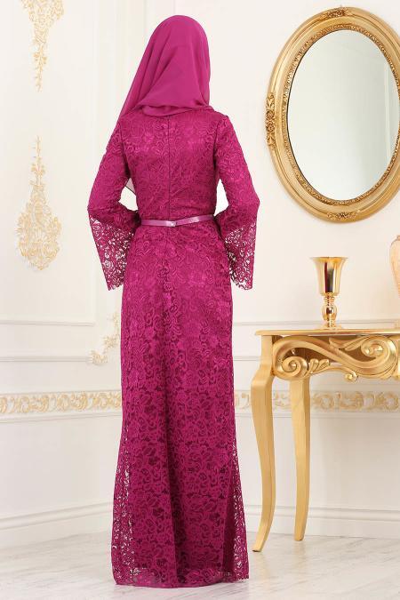 Nayla Collection - Dantelli Fuşya Tesettür Abiye Elbise 39063F - 2