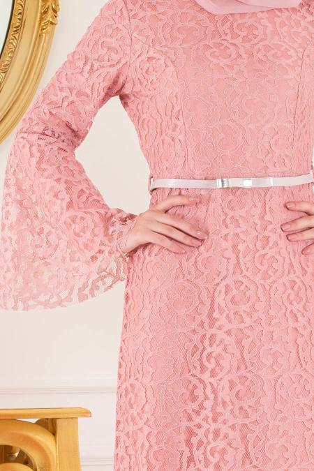 Nayla Collection - Dantelli Gül Kurusu Tesettür Abiye Elbise 100405GK - 2