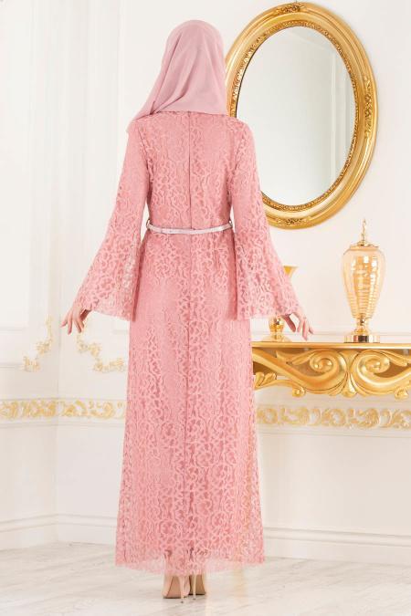Nayla Collection - Dantelli Gül Kurusu Tesettür Abiye Elbise 100405GK - 3