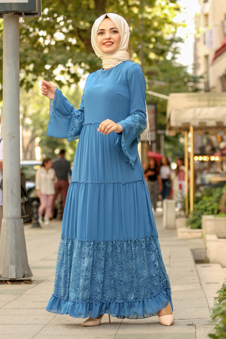 Nayla Collection - Dantelli İndigo Mavisi Tesettür Elbise 100415IM