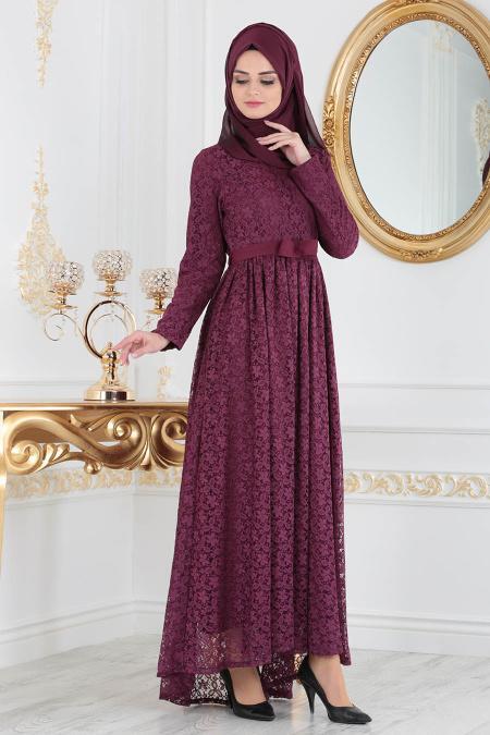 Nayla Collection - Dantelli Kemerli Mürdüm Abiye Elbise 41160MU - 2