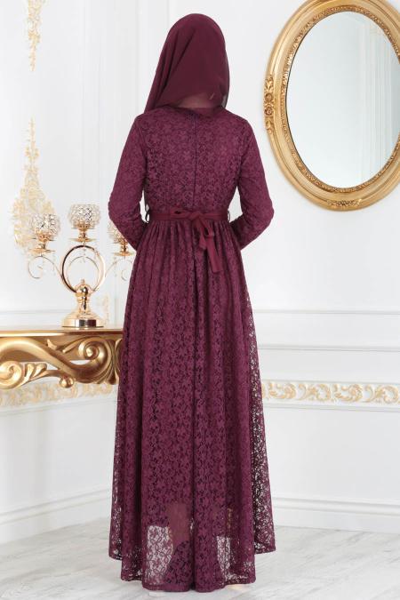 Nayla Collection - Dantelli Kemerli Mürdüm Abiye Elbise 41160MU - 3