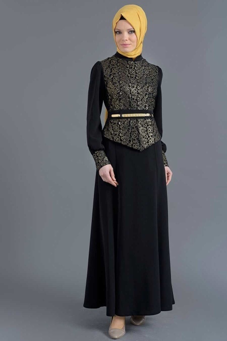 Nayla Collection - Dantelli Kemerli Siyah Tesettür Elbise 5202S