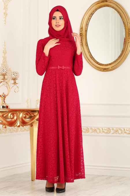 Nayla Collection - Dantelli Kırmızı Tesettür Abiye Elbise 4134K