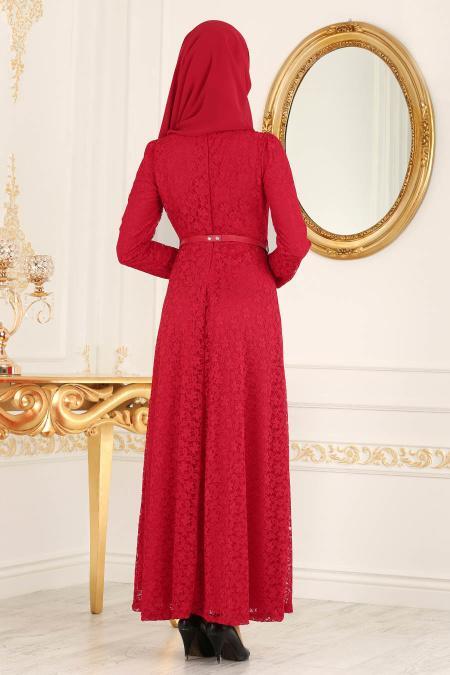 Nayla Collection - Dantelli Kırmızı Tesettür Abiye Elbise 4134K - 2