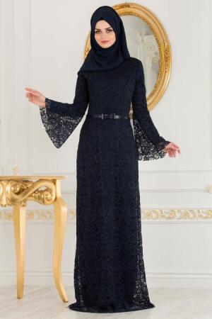 Nayla Collection - Dantelli Lacivert Tesettür Abiye Elbise 39063L - 1