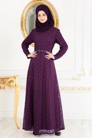 Nayla Collection - Dantelli Mor Tesettür Abiye Elbise 4134MOR - 1