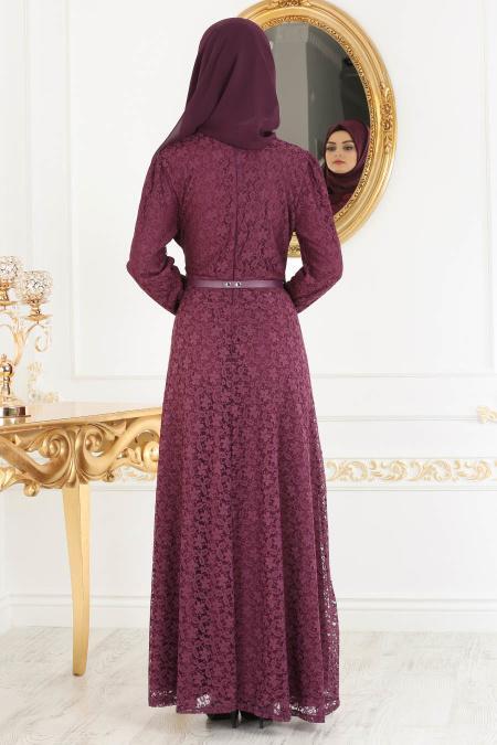 Nayla Collection - Dantelli Mürdüm Tesettür Abiye Elbise 4134MU - 2